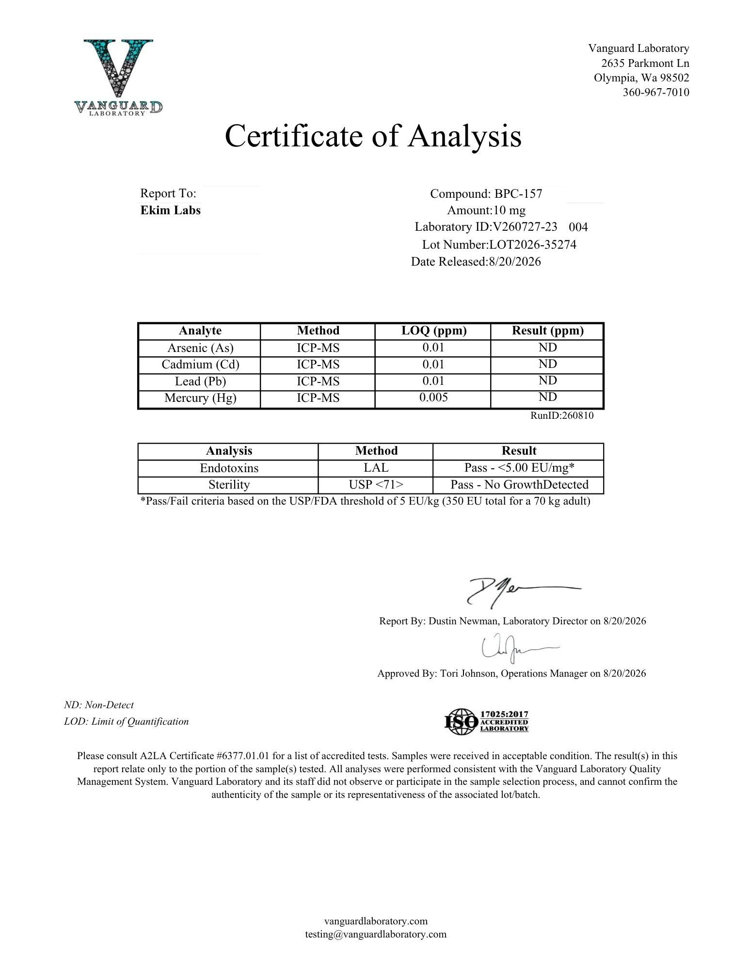 EKIM Certificate of Analysis